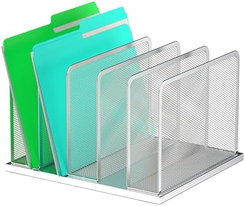 Kuntine.B Desk File Organizer Upright Mesh Desktop Organizer File Sorter Office Organization File Holder for Home, Office & Classroom (Silver, 1 Pack 5-Section)