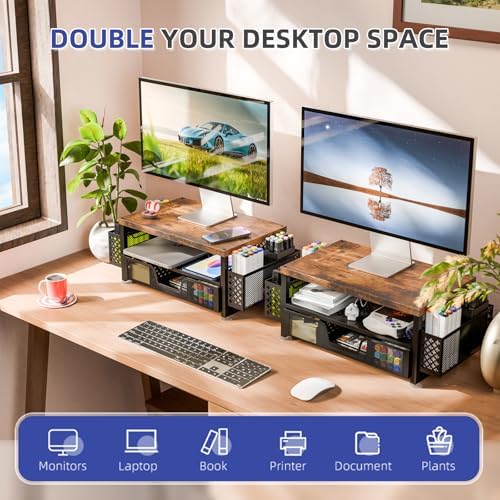 Simple Trending Monitor Stand with Drawer, 2-Tier Laptop Stand, Wood