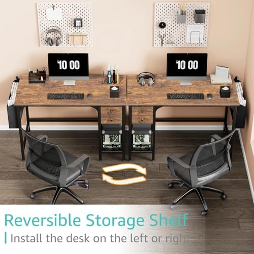 Lufeiya Computer Desk with Drawers - 40 Inch Work Reversible Small Desk for Bedroom Home Office, Simple Study Writing Table PC Desks with Drawer Storage Shelves, Rustic Brown