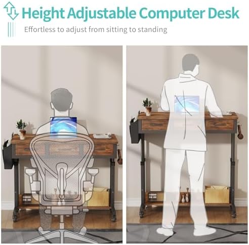 WINAZ Rolling Standing Desk Adjustable Height with Drawers on Wheels, 40 Inch Portable Mobile Stand Up Computer Desks for Bedroom Home Office, Couch Sofa Side Laptop Table with Storage, Rustic Brown