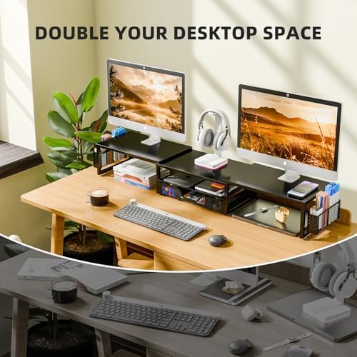 Simple Trending Dual Monitor Stand with Drawer and 2 Pen Holders, Black