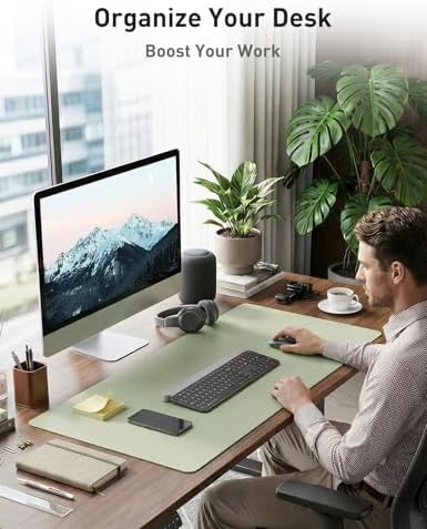 Aothia Faux Leather Desk Mat - Non-Slip PU Leather Desk Blotter, Waterproof Writing Surface, Large Desk Pad for Office & Home (Grass Green, 55" x 24")
