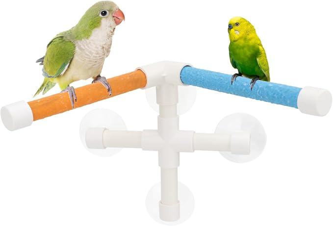 Hypeety Portable Suction Cup Bird Window and Shower Perch Toy Parrot Stand | 3 strong suction cups, parrot bath perch with quartz sand surface, fits windows/tile, for small and medium birds, 2 stands