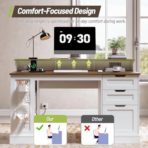 55-inch Farmhouse Executive Desk with 2 Drawers and File Cabinet, Computer Desk with 3-Tier Storage Shelves, Home Office Desk with Charging Station, Pegboard & Monitor Shelf, White and Walnut