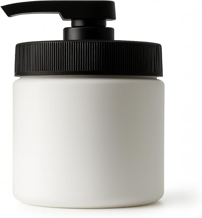 Royal Massage 16oz Refillable Pump Jar with Locking Dip Tube Dispenser – BPA-Free Plastic Container for Massage Oils, Lotions, Creams – Ribbed Lid Wide-Mouth Jar – Durable & Reusable (White/Black, 3)
