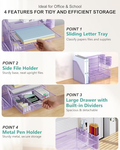 WALI Desk File Organizer, 4 Tier Desktop Paper Letter Tray Organizer with Drawer and 2 Pen Holders, Office Desk Accessories & Workspace Organizers for Office, Home Supplies(DO005DH-V), 1 Pack, Purple