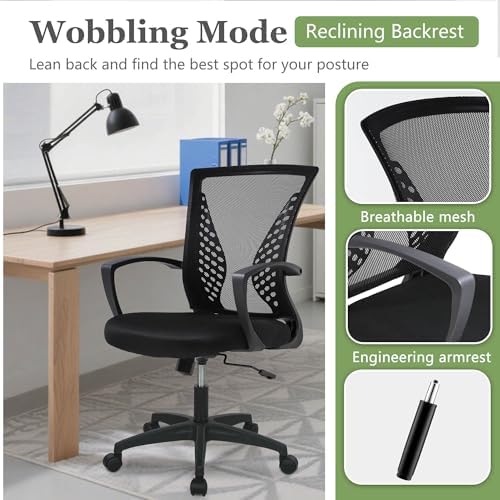 FDW | Mid Back Office Chair | Dark Black | with Lumbar Support, 360 Swivel