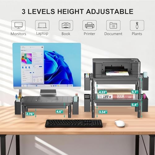 WALI Desk Organizer with Drawer and Pen Holder, 2 Tier Computer Monitor Stand for Home Office Supplies, 3 Height Adjustable Laptop Stand Riser for Computer, Laptop, Printer(PTT003-B), 1 Pack, Black