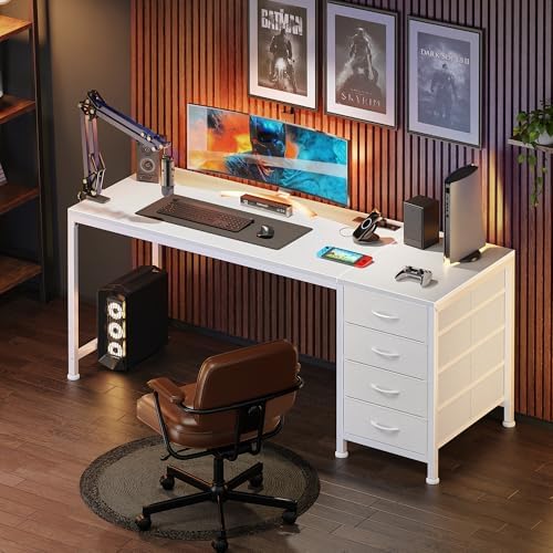 PRAISUN 55.1 Inch Computer Office Desk with Power Outelts and USB-C Port, Reversible Gaming Desk with 4 Fabric Drawers, Work Study Desk Work from Home, White