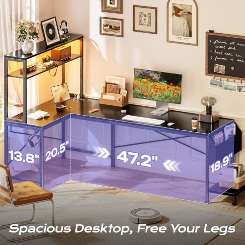 PRAISUN L Shaped Gaming Desk with LED Lights & Power Outlets