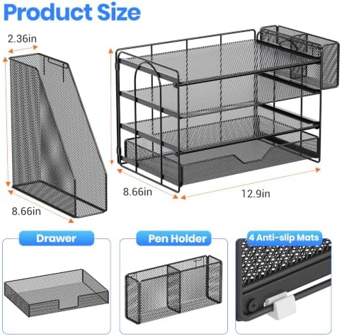 OPNICE Desk Organizers and Accessories, 4-Tier Desktop File Organizer with Drawer and Pen Holders, Office Desk Accessories Workspace Organizers for Office Supplies (Soft Black)