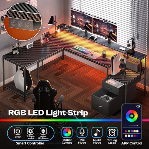 PRAISUN 66" L Shaped Gaming Desk with LED Lights & Power Outlets