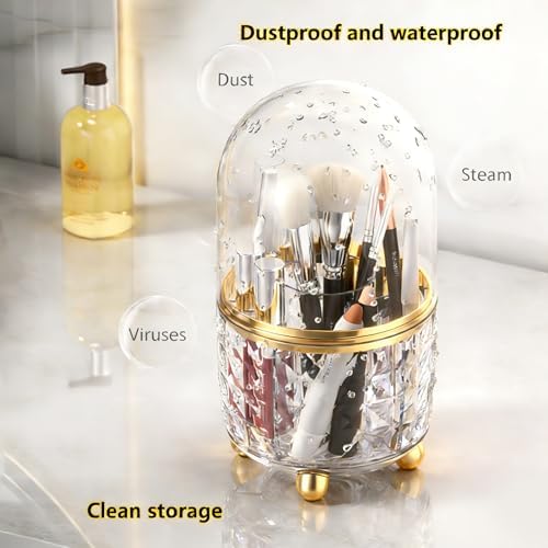 GOTOBA 360° Rotating Pencil Holder for Desk, Makeup Brush Holder with 6 Slots, Desk Organizer for Writing Utensil, Office and School Supplies (Clear with cover)