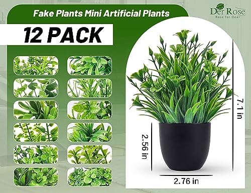 Der Rose 12 Pack Small Fake Plants in Black Pots, Bathroom Decor Indoor