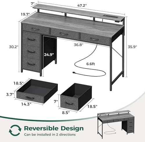 Huuger Gaming Desk with 6 Drawers, Computer Desk with LED Lights Power Outlets and Type-C, 47 Inch Office Desk with Storage, Monitor Stand, Writing Work Desk Home Office, Bedroom, Study, Grey
