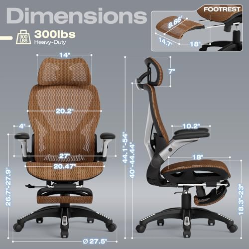 ELABEST X100 Ergonomic Mesh Office Chair with Footrest, Big and Tall Home Desk Chair with 5D Flip-Up Arms, Adjustable 3D Lumbar Support, Gaming & Executive Computer Chair (Tangerine Burst)