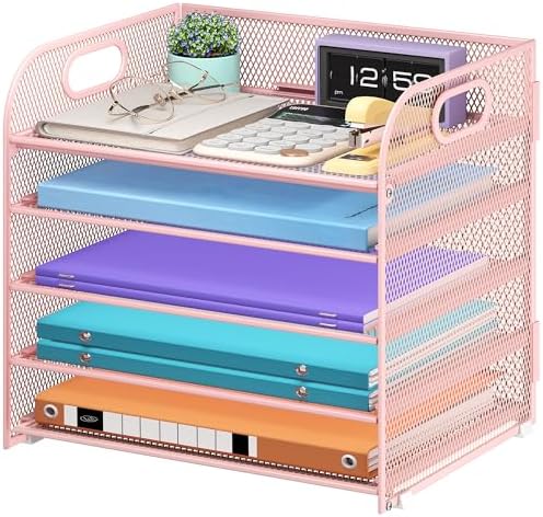 Cawukege 5 Tier Paper Organizer with Handle, Pink Metal Mesh Desk Organizer File Folder Paper Letter Tray Desktop Document Sorter for Classroom, School, Office Accessories Organization and Storage