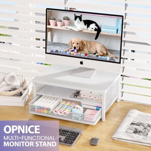 OPNICE Computer Monitor Stand Riser, Desk Organizer with Drawer, Printer & Laptop Stand, Office Desk Accessories & Workspace Desktop Organizers Storage for Office Supplies(White)