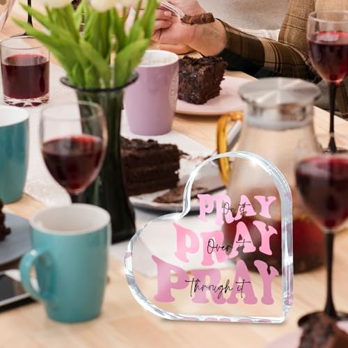 Pray on it Pray over it Pray through it Heart Acrylic Sign, Mother's Day Decorative, Pink Dorm Room Decor for Women, Pink Office Desk Accessories Decor Sign, Bathroom Acrylic Sign(Heart)