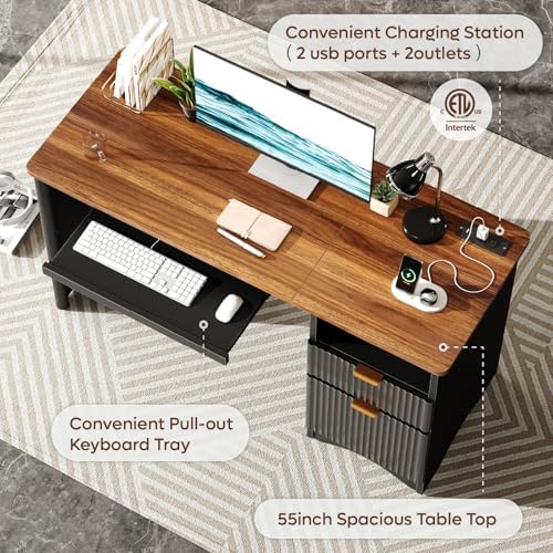 Bestier Computer Desk with Keyboard Tray, 55 inch Office Desk with Power Outlet, Modern Home Office Desk with File Drawer (Walnut with Black, 55" W with Single-Sided Drawers)