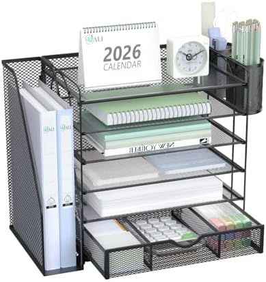 WALI Desk File Organizer, 6 Tier Desktop Paper Letter Tray Organizer with Drawer and 2 Pen Holders, Office Desk Accessories & Workspace Organizers for Office, Home Supplies(DO007DH-B), 1 Pack, Black