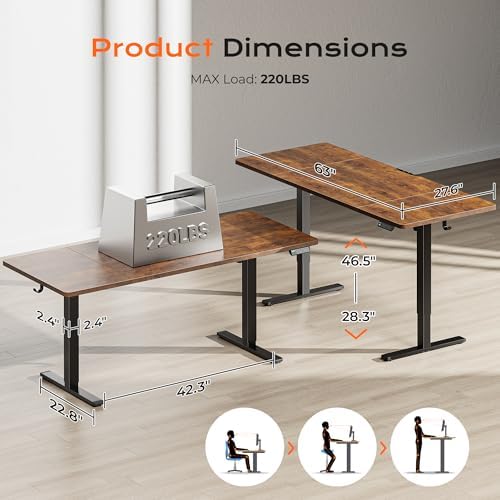 Huuger 63 x 28 Large Electric Standing Desk, Height Adjustable Computer Desk, 27.6" Deep Desktop, Stand up Gaming Office Table with 2 Hooks, 3 Preset Heights, for Home Office, Rustic Brown, 7021Z-1
