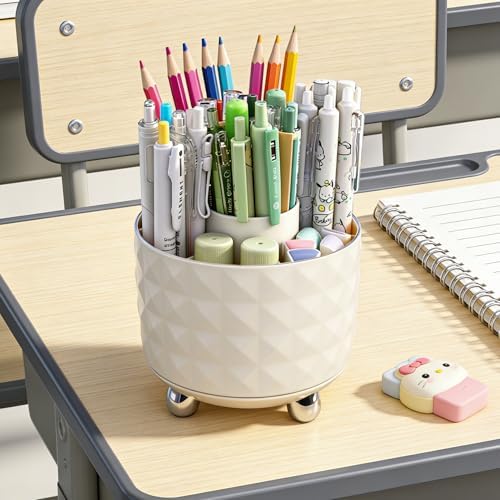 GOTOBA 360° Rotating Pencil Holder for Desk, Makeup Brush Holder with 6 Slots, Desk Organizer for Writing Utensil, Office and School Supplies (Milky White)