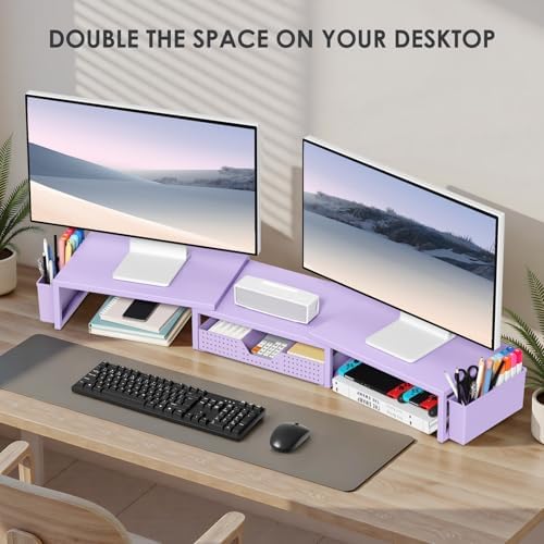 OPNICE Desk Organizers and Accessories, Dual Monitor Stand Riser with Drawer and 2 Pen Holders, Desk Shelf Computer Racks for Office Workspace Organizers, Desktop Organization (Purple)