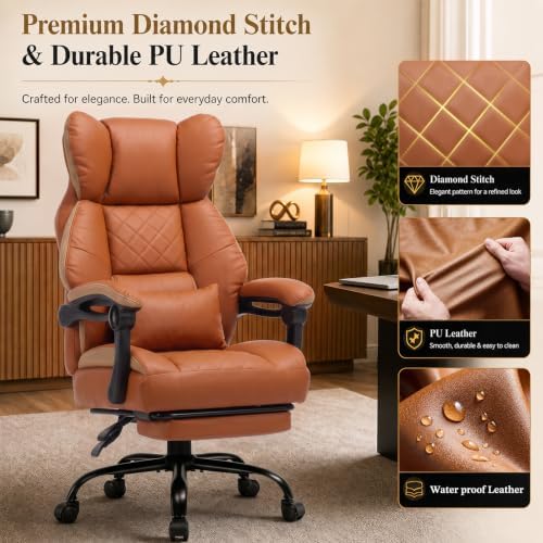 GTPLAYER Big&Tall Ergonomic Gaming Chair, Wide Spring Seat, Linkage Armrest,Brown