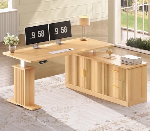 SEDETA Fluted L Shaped Executive Electric Standing Desk with Drawers