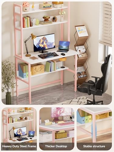 Aquzee 40 Inch Pink Desk with Shelves, Computer Desk with Hutch