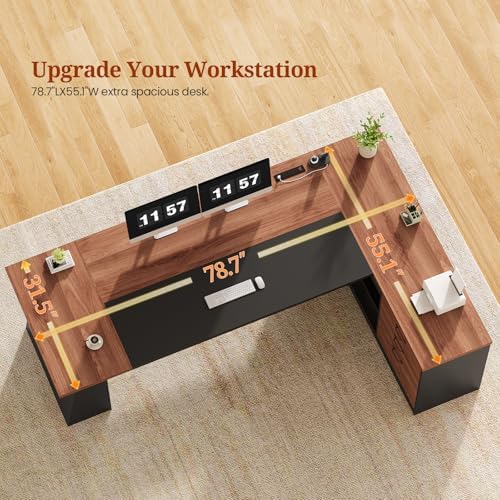 UPOSOJA 78.7" L Shaped Executive Desk with Power Outlets, Extra Large Office Desk with Drawers & File Cabinet, Modern Corner Computer Desk with Storage Shelves, Business Furniture, Walnut & Black