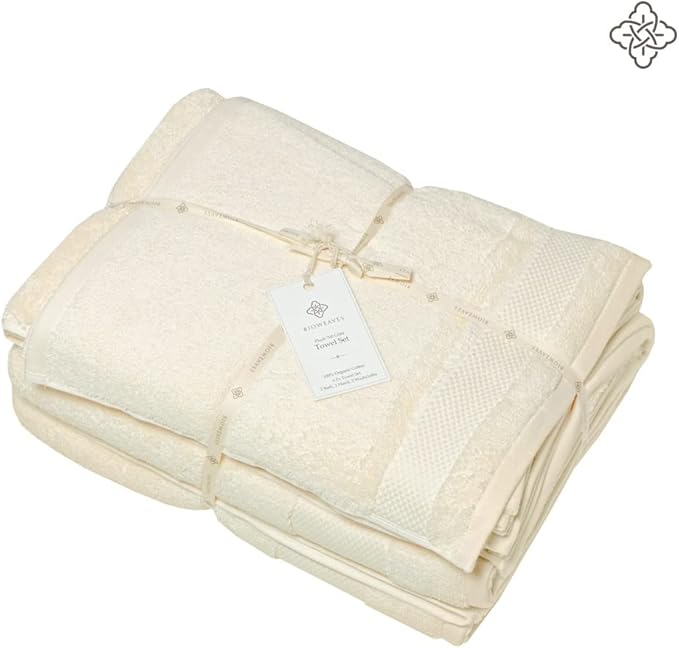 BIOWEAVES 100% Organic Cotton 700 GSM Plush 6-Piece Towel Set GOTS Certified, 2 Bath Towels, 2 Hand Towels & 2 Washcloths - Ivory