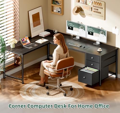 Furologee 63" L Shaped Desk with Power Outlets & USB-C Port, Reversible Corner Computer Desk with 3 Fabric Drawers, Hooks, Home Office Desk for Gaming, Writing, Work, Black