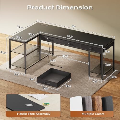 PRAISUN 63 Inch L Shaped Office Desk with Power Outlets and Type-C Port, Large Computer Gaming Desk with 3 Fabric Drawers, Mesh Shelves, Corner Study Work Writing Desk, Black