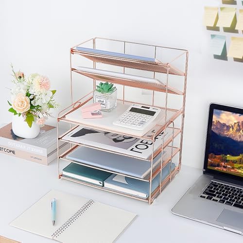 OPNICE Desk Organizer, 6-Tier Paper Organizer Letter Tray, Rose Gold
