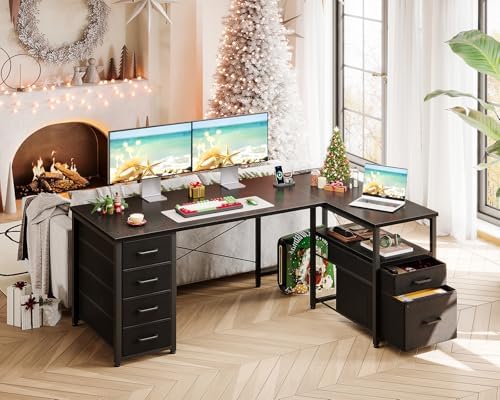 Coleshome 55 Inch L Shaped Office Desk with 6 Drawers, Power Outlet, Black