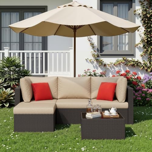 Shintenchi 5 Pieces Patio Furniture Sets Outdoor All-Weather Sectional Patio Sofa Set PE Rattan Manual Weaving Wicker Patio Conversation Set with Glass Table&Ottoman Cushion and Red Pillows, Beige