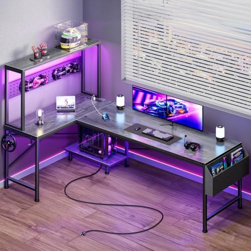 PRAISUN L Shaped Gaming Desk with LED Lights & Power Outlets