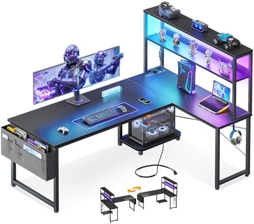 ODK 53" L Shaped Gaming Desk with Shelves, LED & Outlets, Black
