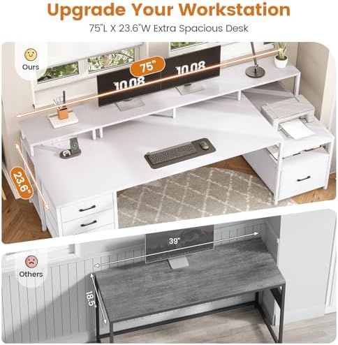 SEDETA 75'' Large Home Office Desk with 5 Drawer, Power Outlet, File Drawer