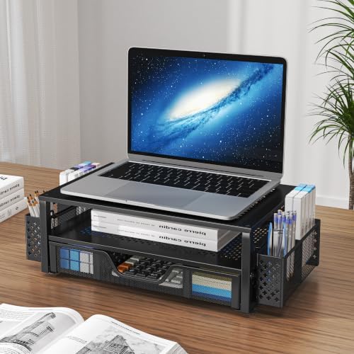 Simple Trending Monitor Stand with Drawer, 2-Tier Laptop Stand, Black