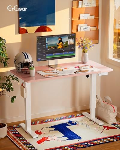 ErGear Height Adjustable Electric Standing Desk, 48 x 24 Inches Sit Stand up Desk, Memory Computer Home Office Desk, Pink