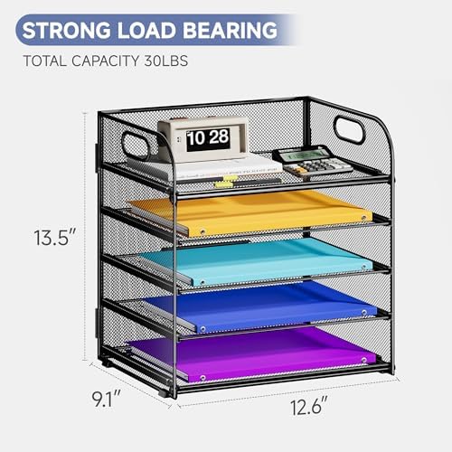 Cawukege 5 Tier Paper Organizer with Handle, Black Metal Mesh Desk Organizer File Folder Paper Letter Tray Desktop Document Sorter for Classroom, School, Office Accessories Organization and Storage
