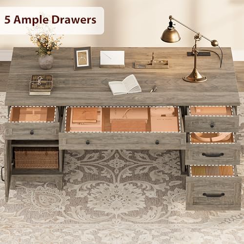 GarveeHome Farmhouse Executive Desk with File Drawers, 60 in Home Office Desk with Charging Station, Wooden Computer Desk with Cabinet Storage for Work Study Writing, Rustic Gray