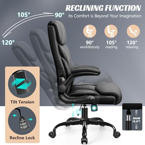 HeroSet Office Chair, Ergonomic Big and Tall Computer Desk Chairs, Executive Breathable Leather Chair with Adjustable Flip-up Armrests, Lumbar Support Swivel PC Chair with Rocking Function,Matte Black