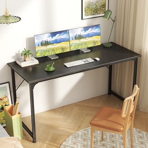 Huuger Computer Desk, 55 Inch Home Office Desk, Gaming Writing Work from Home Study Desk, Large Legroom, Sturdy Metal Frame, Modern Simple, Black