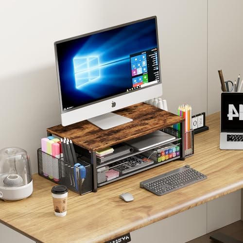 OPNICE Desk Organizer and Accessories, 2-Tier Computer Monitor Stand Riser with Drawer and 2 Pen Holders, Laptop Stand, Office Desk Accessories for Office Supplies, Brown