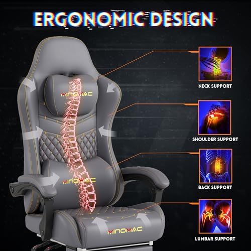Gaming Chair,Big and Tall Gaming Chair 400lbs Office Chair with Footrest, 90-155° Recline & Removable Headrest Lumbar Support[Spring + 4D Sponge](Grey)