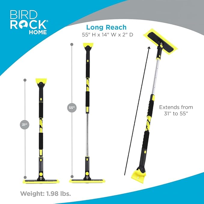 BIRDROCK HOME 55" Extendable Snow Brush & Ice Scraper for Car Windshield - Long Aluminum Grip for Truck, SUV - 14" Foam Head - Safe on Auto & Windows - Wide Frost Remover - Yellow